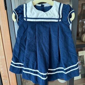 Vintage 90s Navy Corduroy Sailor Dress baby girl Fantasie Kids collar ribbon